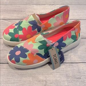 TOMS Alpargata Mallow Patina Green Retro Floral Print Canvas Slip-On Shoes sz 9